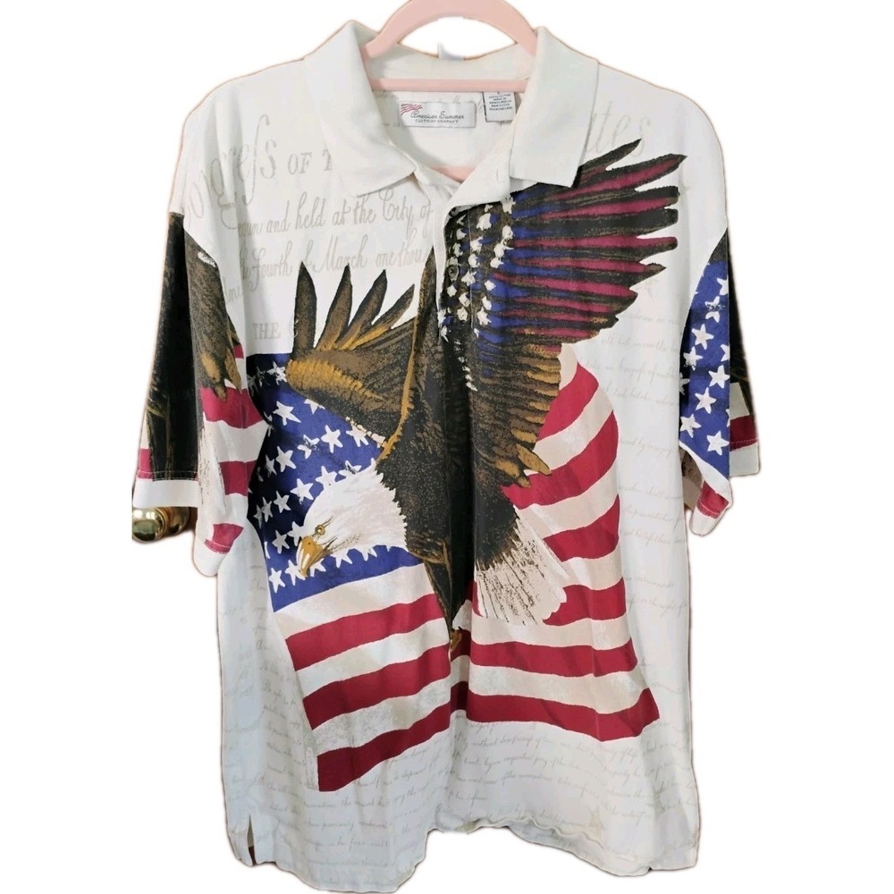 American Summer Mens Large Polo Shirt Eagle American Flag Constitution Patriotic